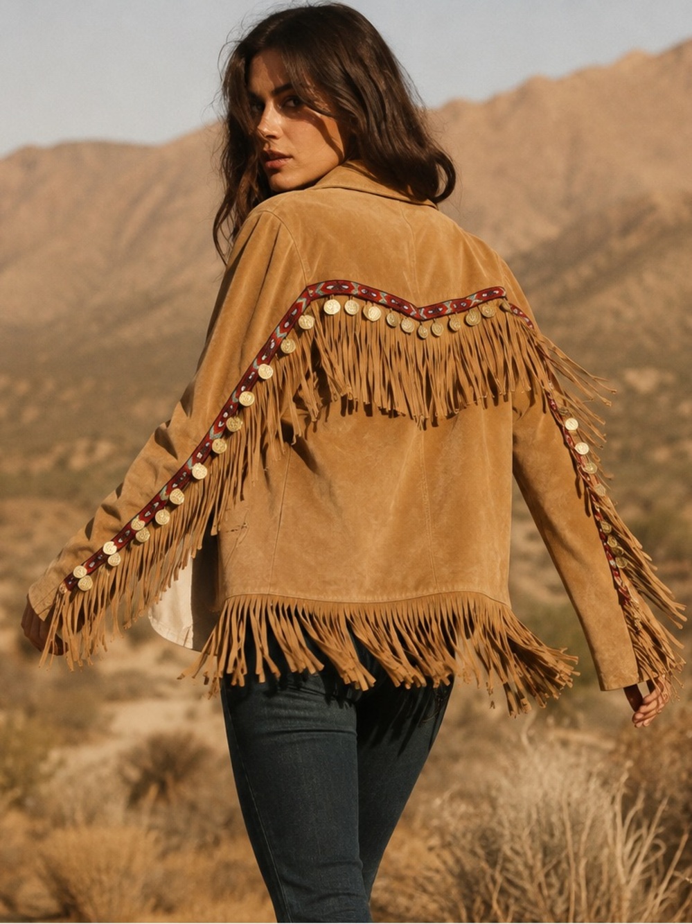 VTG Marlboro Country Store Suede Fringe Western Jacket Custom Coin Trim Sz S
